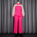 Autumnew arrival color matching casualtwo-piece set work clothing mesh patchwork lapel waist rufflestopsstraight-leg pants
