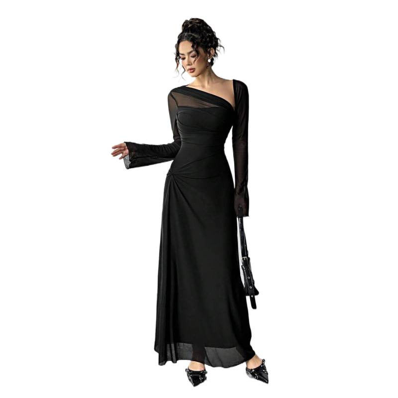 fashionautum mesh patchworklong sleeveselegance asymmetrical pleated silma-linedress women