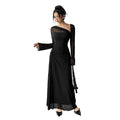 fashionautum mesh patchworklong sleeveselegance asymmetrical pleated silma-linedress women