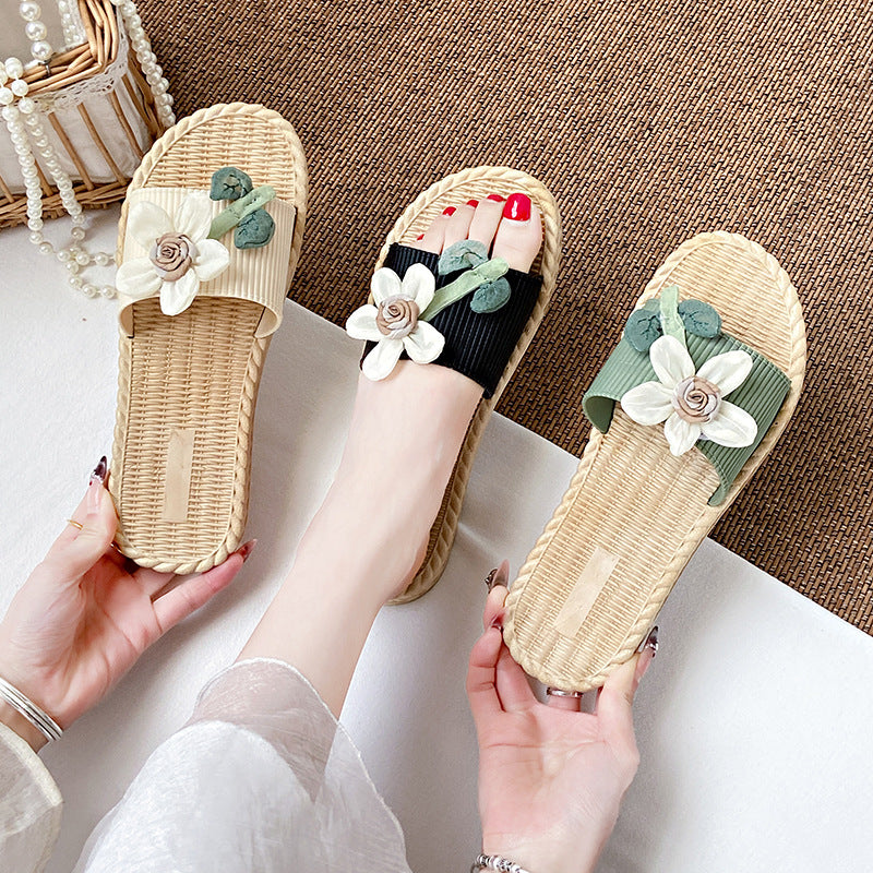 New summer fairy style color block floral slides - women's beach sandals, fashionable outdoor wear, flat, non-slip