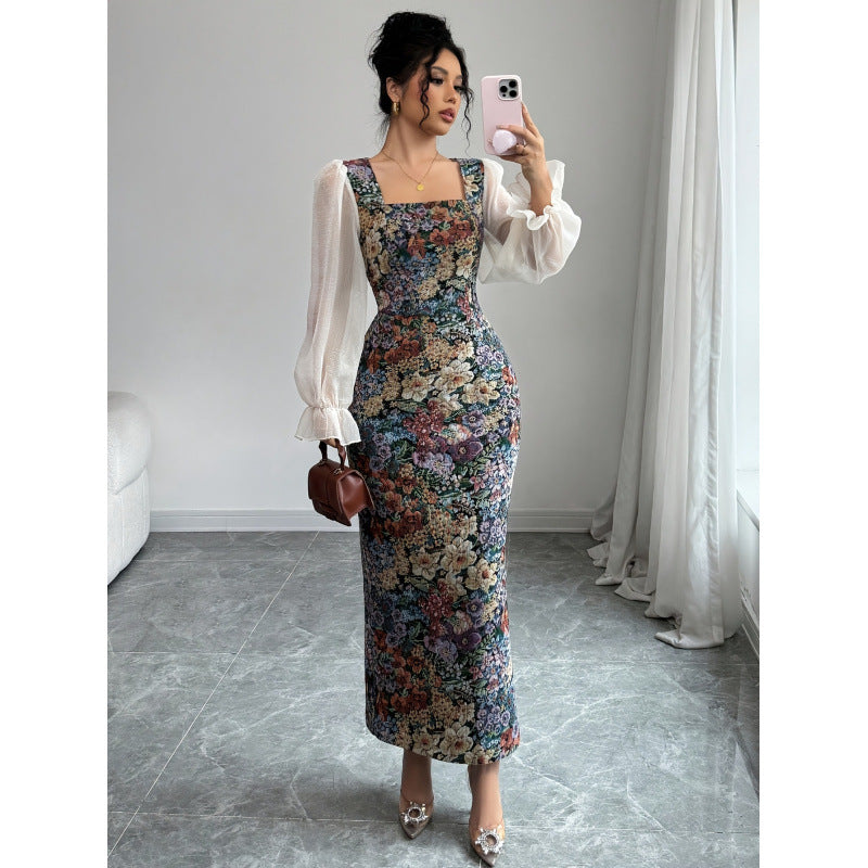 Aliexpress 1688 independent station women's oil canvas patchwork chiffon square neck elegancedress