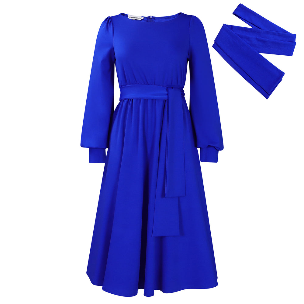 D479  cross-border women's spring  new long-sleeve crew neck tie-waist solid color a-line dress - european and american style