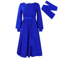 D479  cross-border women's spring  new long-sleeve crew neck tie-waist solid color a-line dress - european and american style