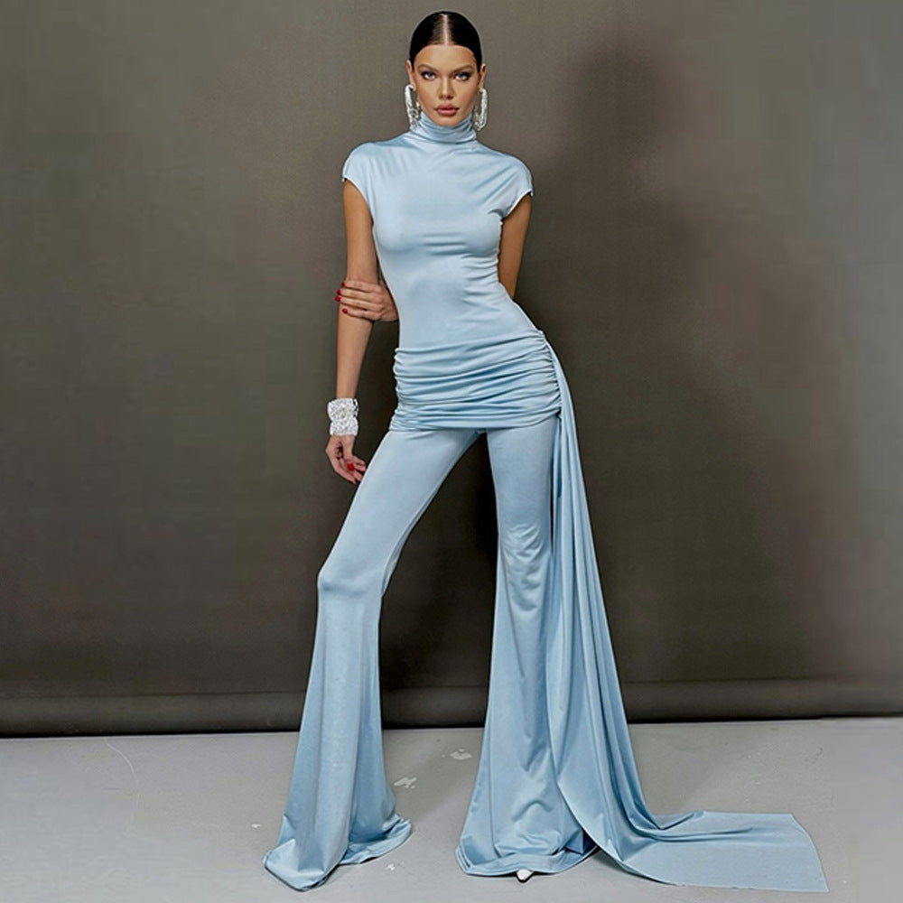 Europe and the United States  new sexy pleated streamer turtleneck jumpsuit  hot-selling fashion high-waisted slim jumpsuit