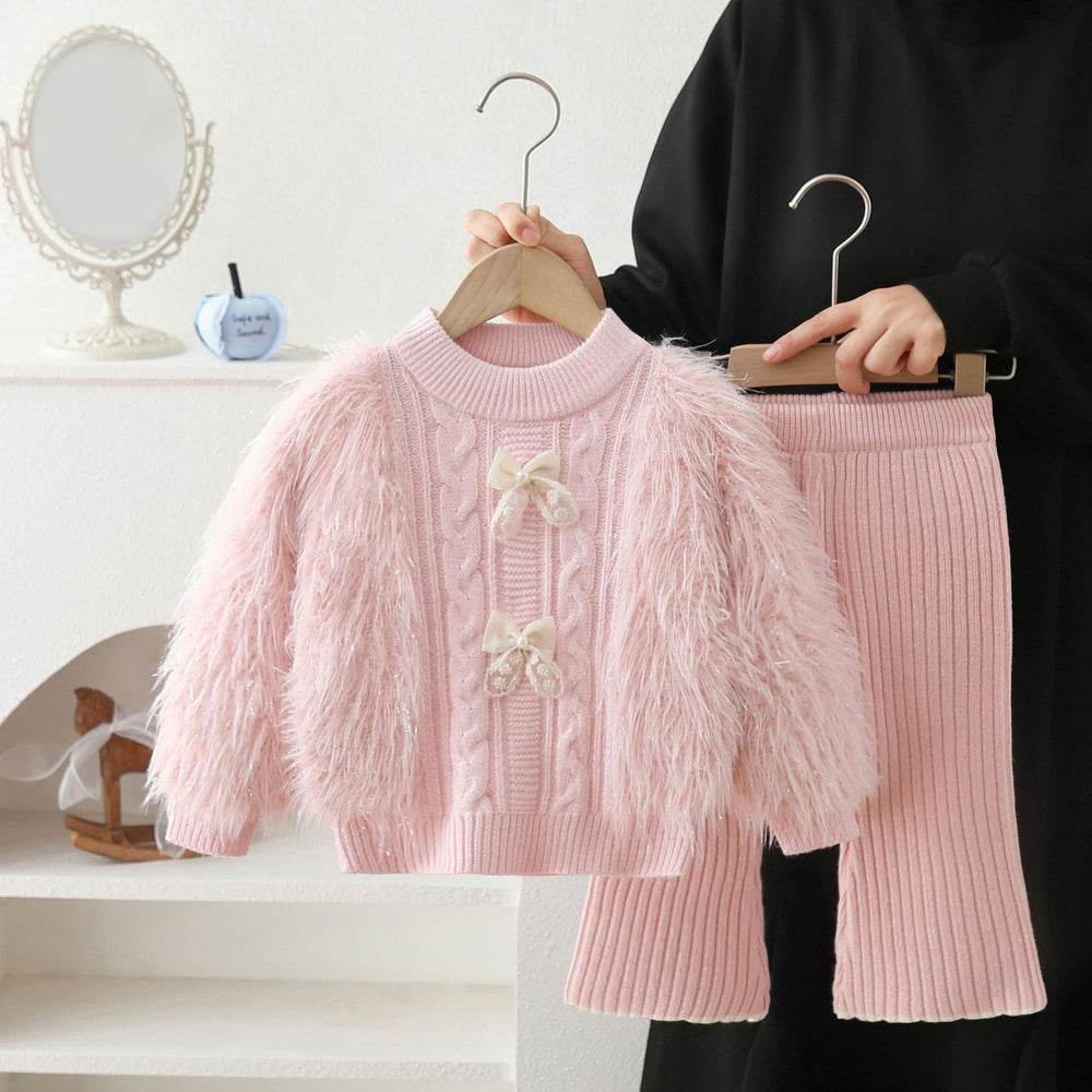 Girls' sweater set - new autumn/winter style, korean-inspired, solid color, fuzzy bow knit pullover two-piece outfit