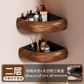 Walnut wood chinese style bathroom corner shelf - no drilling required - hand wash, toilet, and shower gel organizer