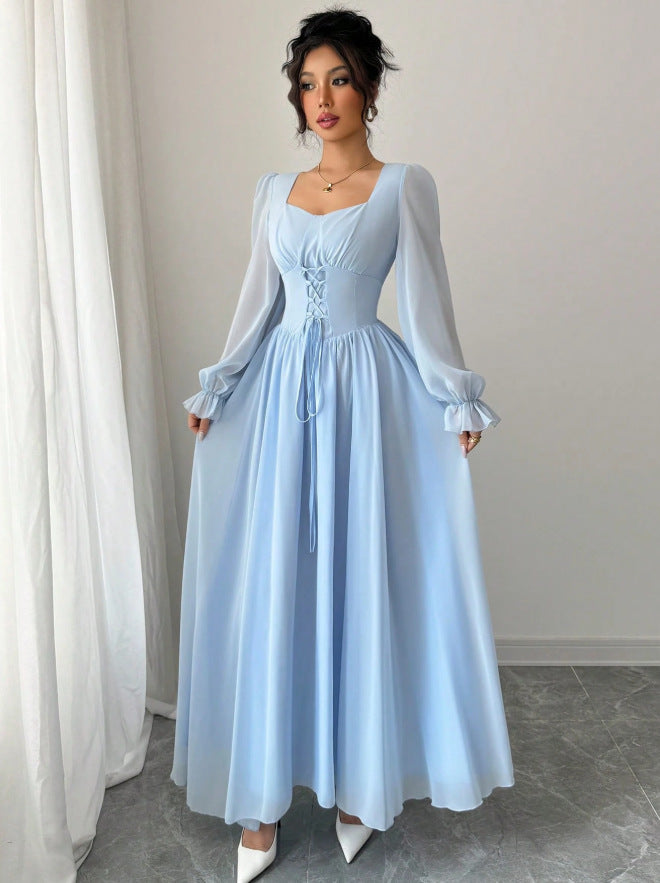 European and american cross-border  new arrival: red square neck bubble sleeve maxi dress with criss-cross tie waist