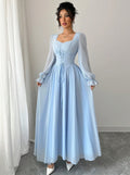 European and american cross-border  new arrival: red square neck bubble sleeve maxi dress with criss-cross tie waist