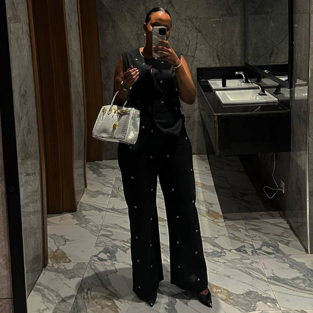 European and american cross-border african women's clothing  summer new arrival: elegant round neck rhinestone vest top and high-waisted pants set