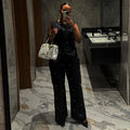 European and american cross-border african women's clothing  summer new arrival: elegant round neck rhinestone vest top and high-waisted pants set