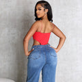 European and american style denim straight-leg pants  cross-border fall and winter women's clothing fashion washed button patch high waist pants