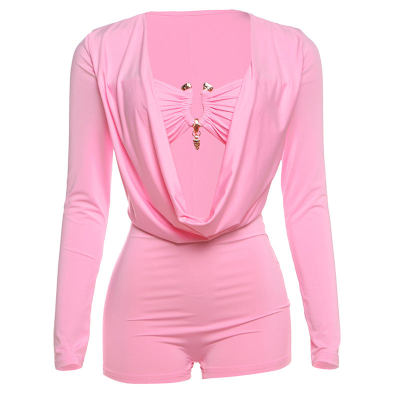 European and american style  spring/summer new arrivals: edgy streetwear sexy hot girl deep v low-cut solid color slim-fit jumpsuit