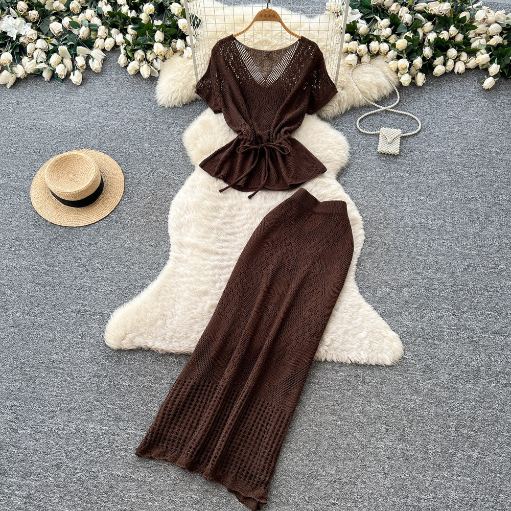 Korean style commute-inspired hollow knit minimalist two-piece set for women - summer v-neck, waist-defining, slimming outfit