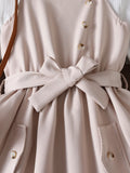 girls' beige sundress with long-sleeve top and bow belt - two-piece outfit