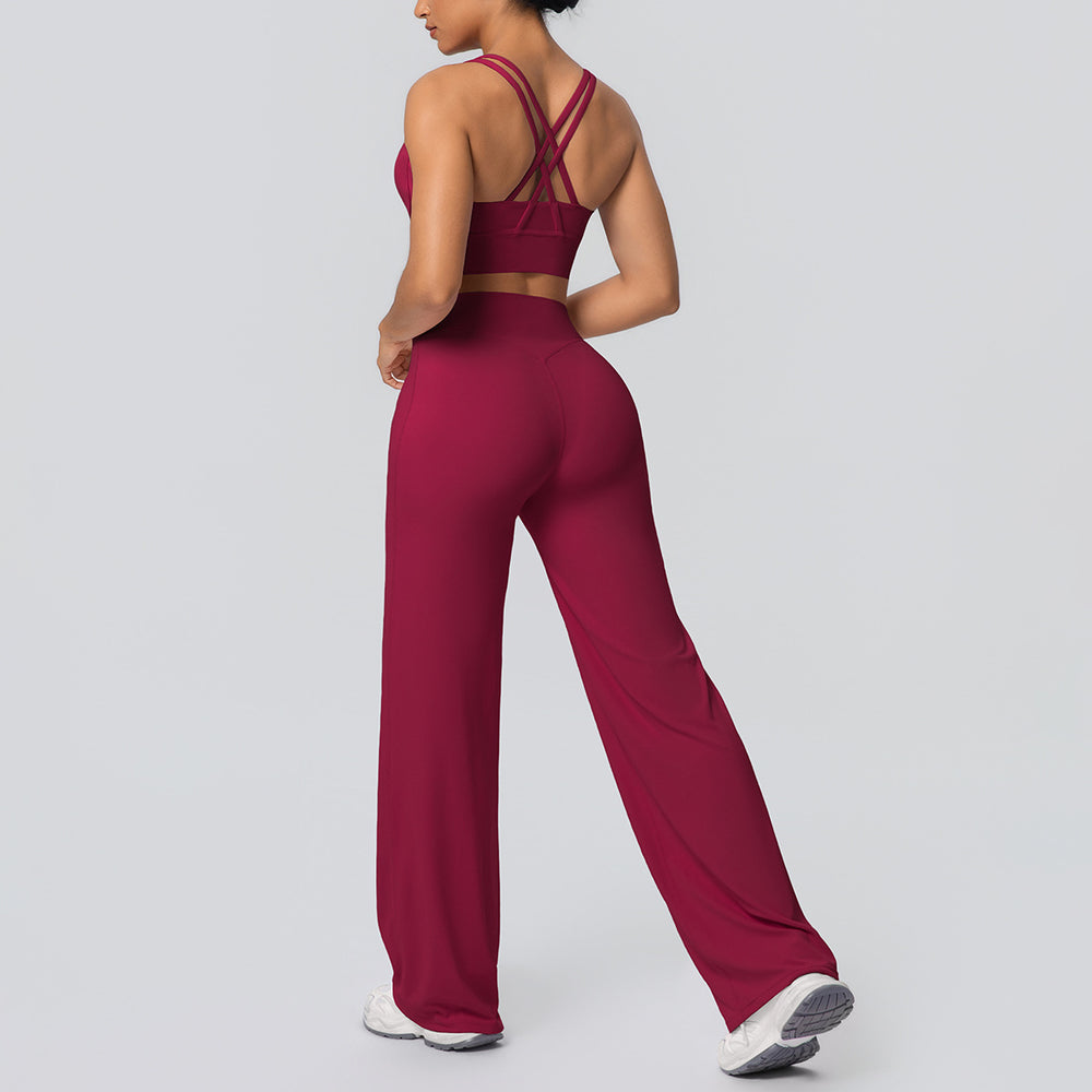 Sexy criss-cross back sports bra set with high-waisted straight-leg wide-leg yoga pants - quick-dry outerwear for running and fitness