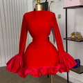 European and american women's clothing  summer new arrival: elegant high-neck flared sleeve high-waisted ruffle hem bodycon dress