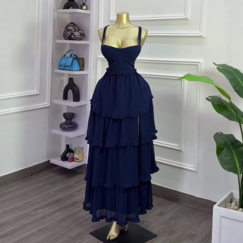 European and american cross-border women's fashion:  summer new arrival - elegant high-waisted blue slit cami dress with ruffle trim