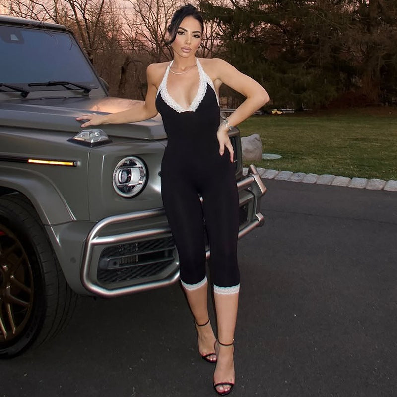 Women's foreign trade summer  new fashion lace trim low-cut bodycon sexy lace-up backless jumpsuit