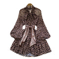 European and american style niche chic dress - women's fashionable silk scarf tie-waist lantern sleeve leopard print mesh a-line mini dress