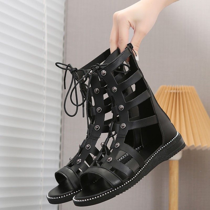 summer new high-top sandals women's foreign trade plus size roman rivet cutout back zipper flat sandals