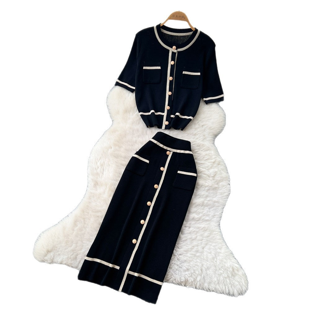 French chic knit cardigan and midi skirt set - women's summer short sleeve casual and elegant height-enhancing outfit