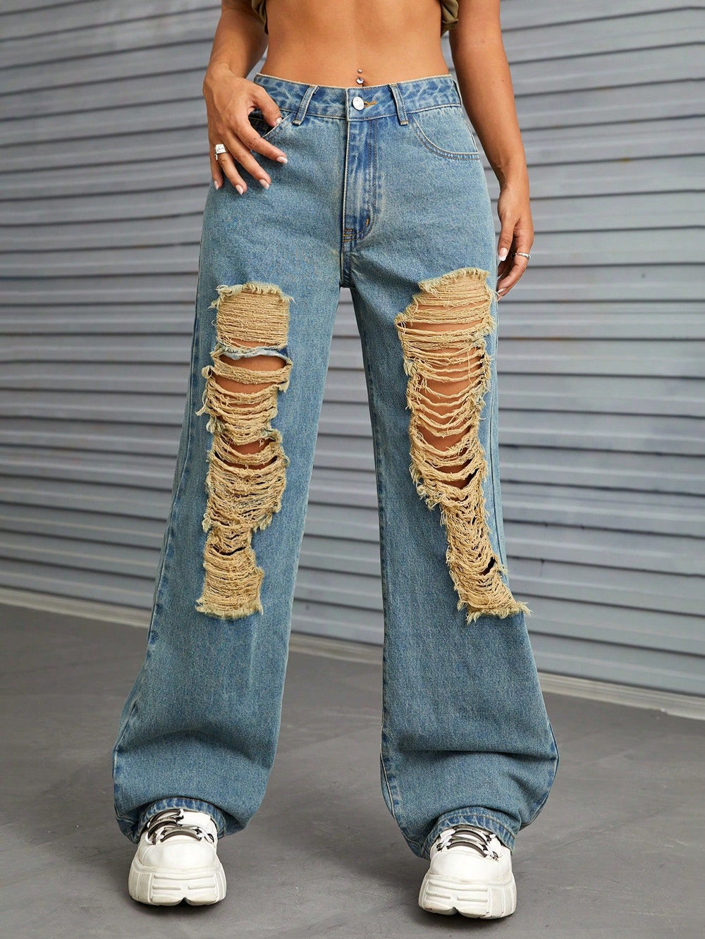 In-stock - 65056##  cross-border fashion women's casual versatile distressed wide-leg denim jeans