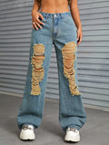 In-stock - 65056##  cross-border fashion women's casual versatile distressed wide-leg denim jeans