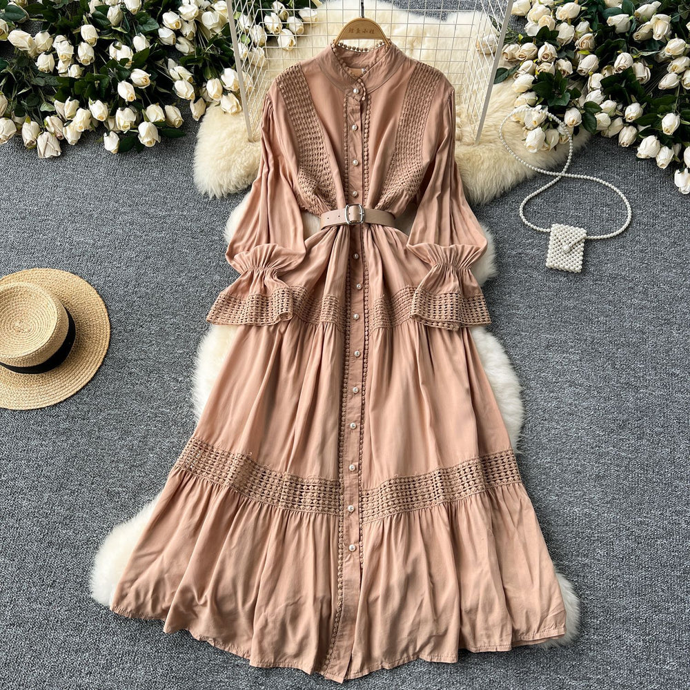 French court retroelegancedress women's stand collar bell sleeves waist single breasted lacepatchwork large swing long skirt