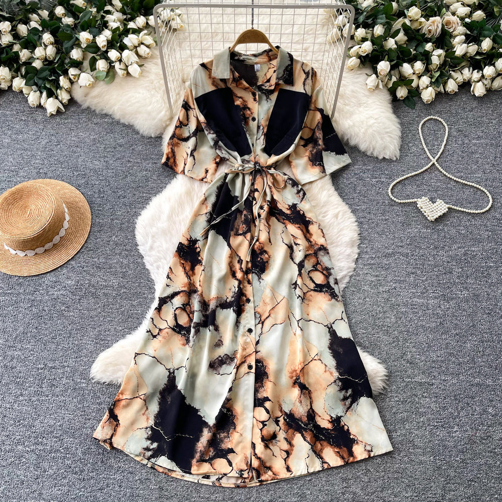 Frenchclassy sense of strap waist printingdress female k-style short-sleeved work clothingv neck a-line elegant long skirt