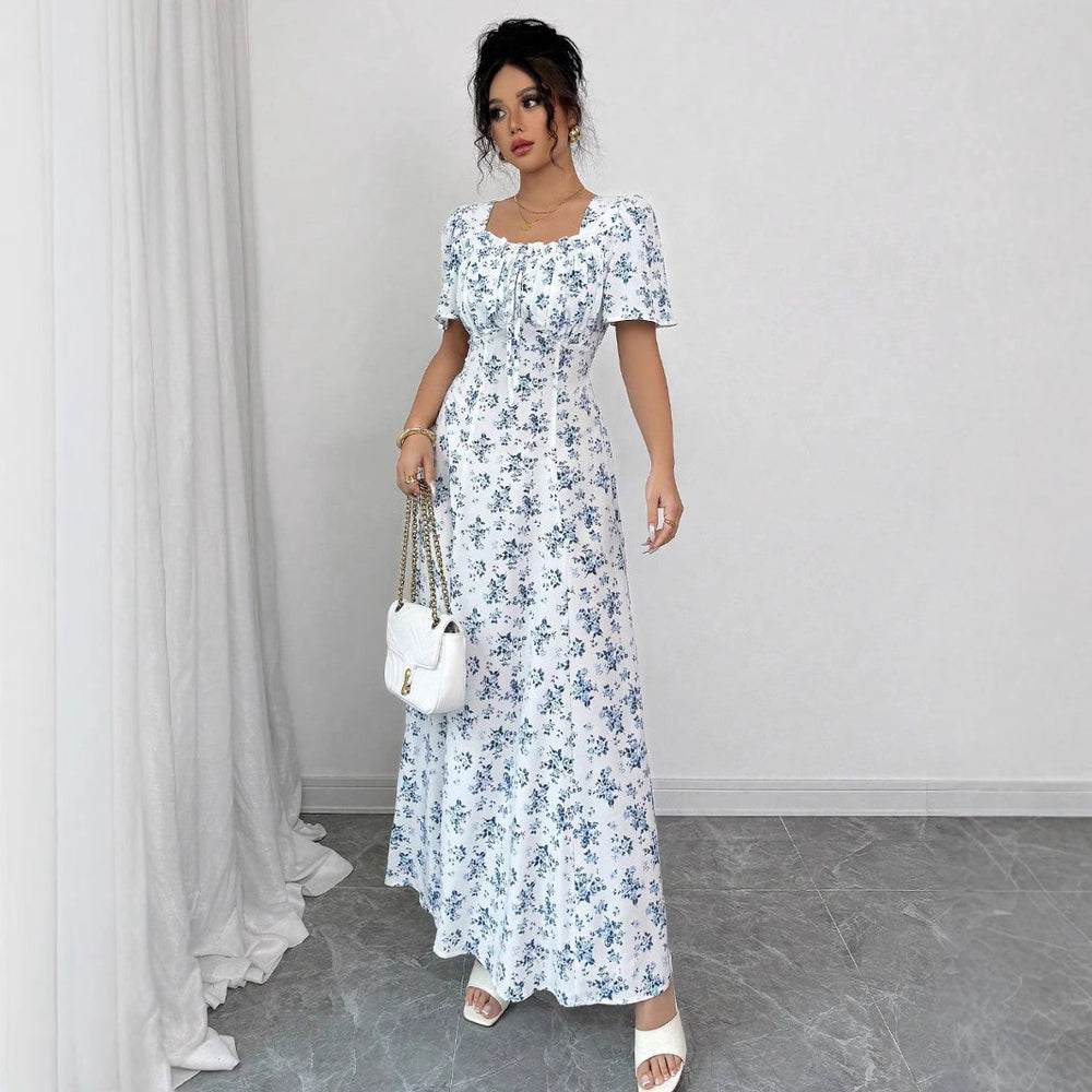 Evening mist spring/summer floral print bubble sleeve dress, fashionable slit hem a-line dress, women's clothing