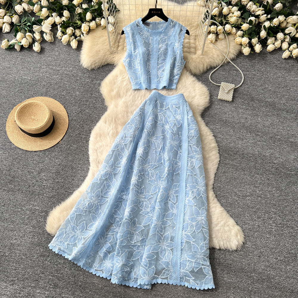 French lace cutout sleeveless two-piece set for women -  summer elegant high-end vest and midi skirt outfit