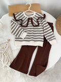 Girls' new spring/autumn striped polo shirt long sleeve sweatshirt and pants two-piece set - cross-border girl's outfit