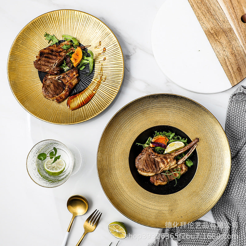 Japanese-style black gold-plated ceramic steak plate - solid color retro dinnerware for home use - pasta plate, sushi plate, vegetable plate