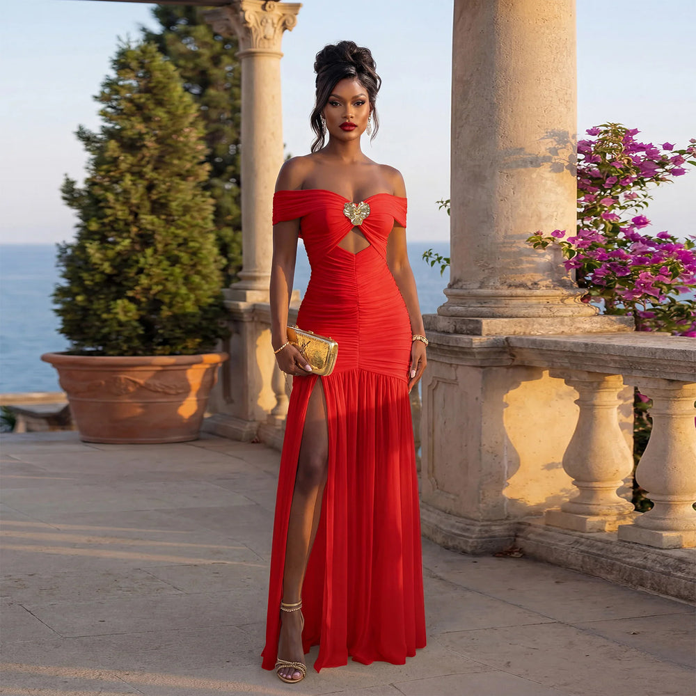 C7661 cross-border   fashion women's sexy off-the-shoulder high slit bandeau dress