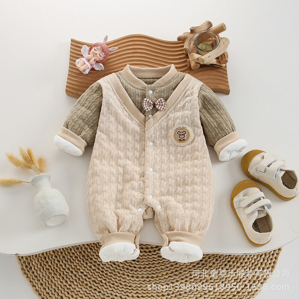 Newborn baby autumn/winter romper, full month baby lightweight cotton outfit, gentleman style korean fake two-piece lightweight cotton for baby boys