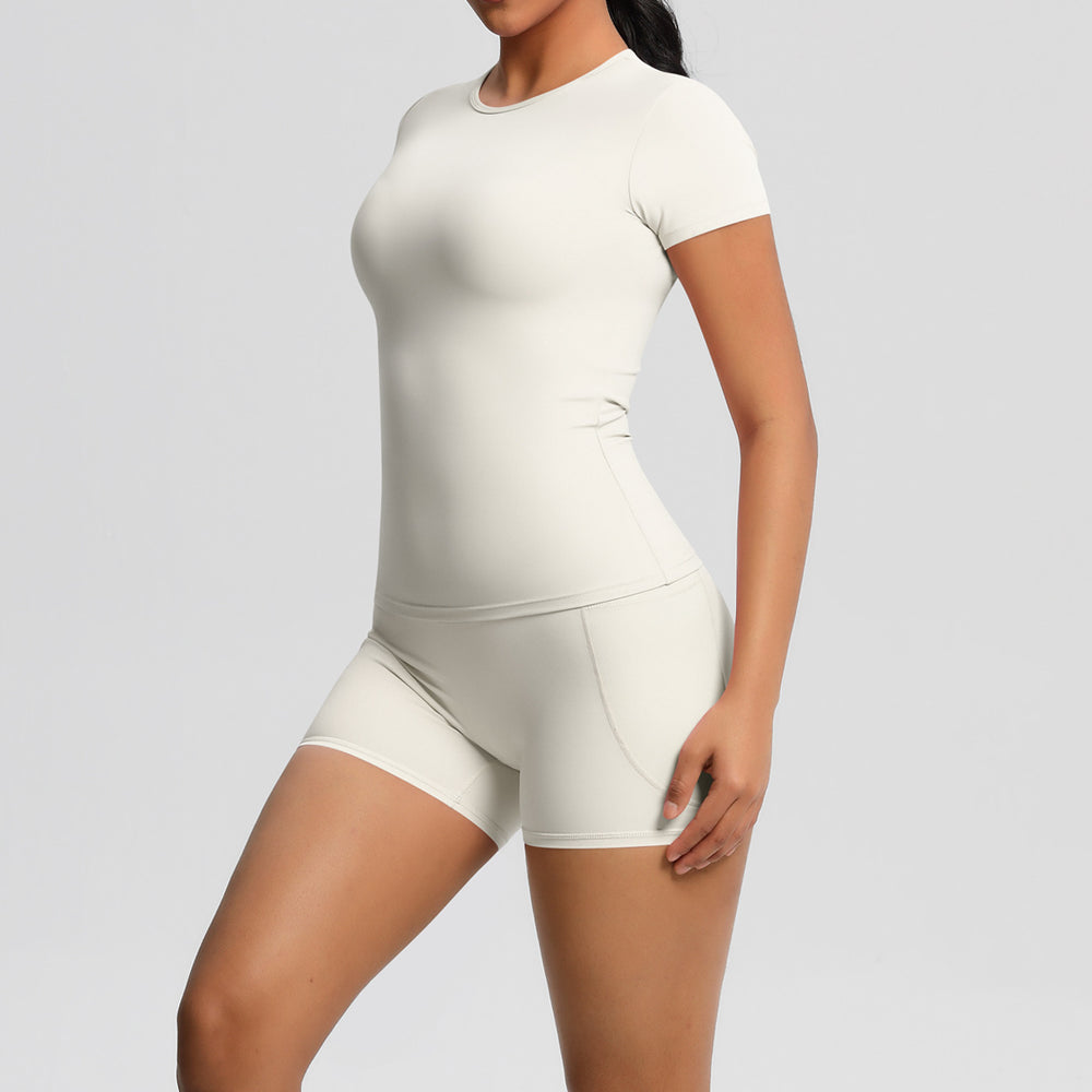 New arrival cross-border fashionpure color double-sided nylon brushed short-sleeved yoga suit sports running fitness two-piece set