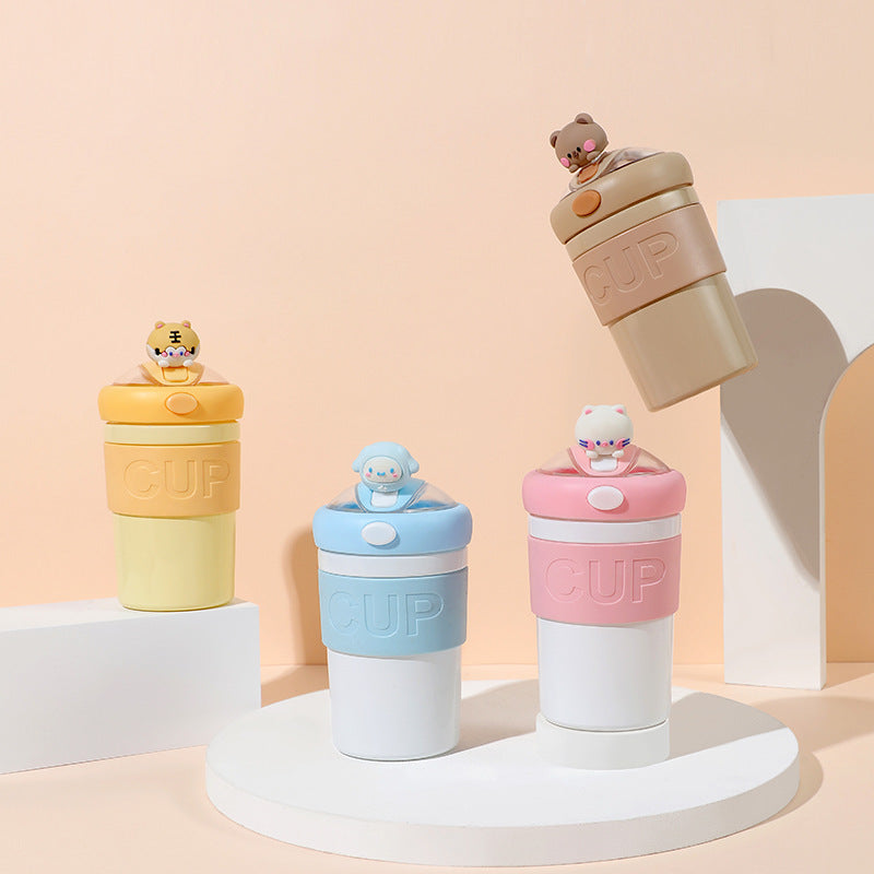 Portable, stylish water bottle - trendy glass straw cup with cute cartoon design, perfect as a souvenir or gift, includes lid