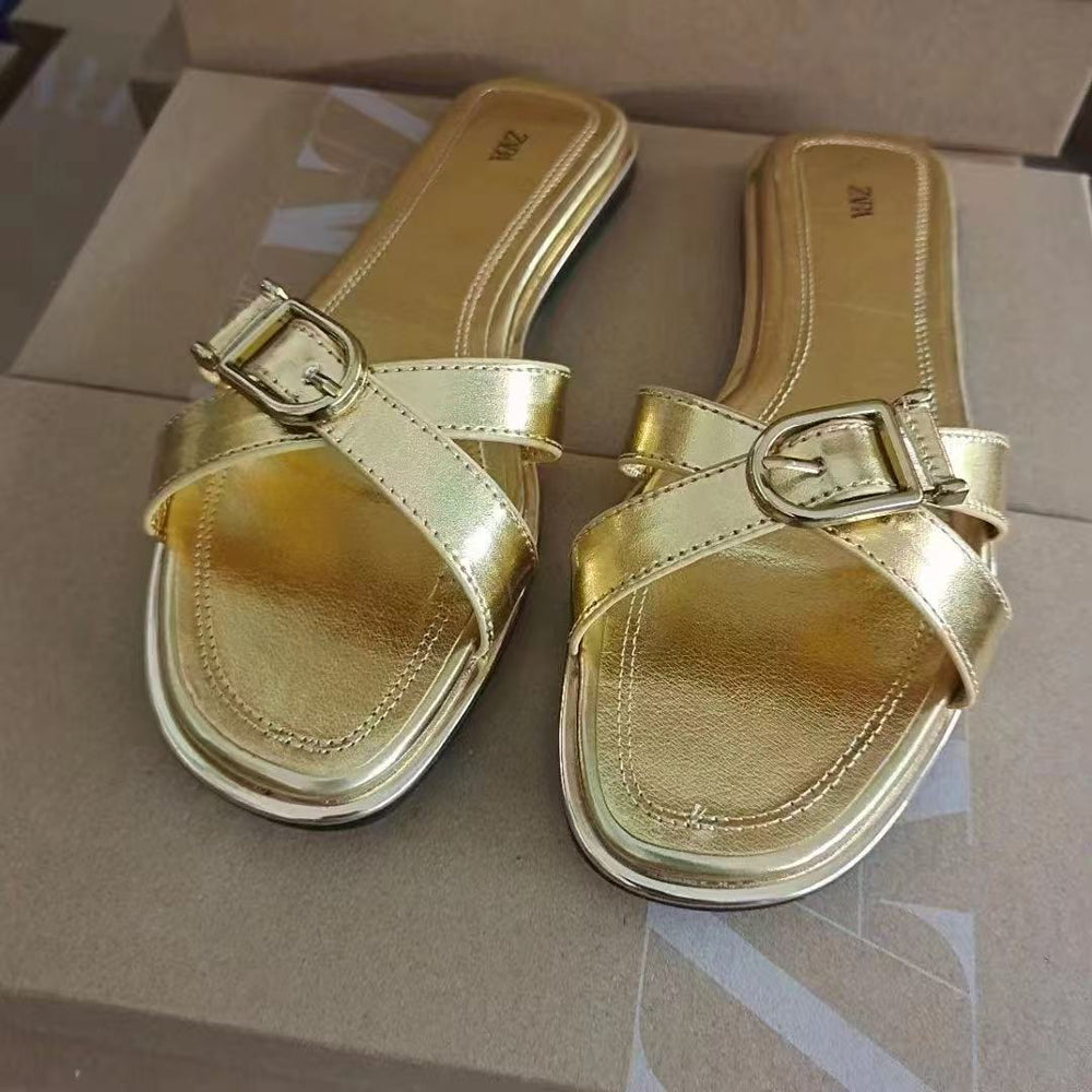 Za women's flat sandals - 2024 spring/summer new arrivals: stylish, versatile color block crossover strap french-style low-cut mules