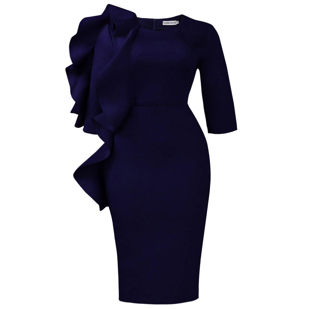 D608 cross-border  fashion women's round neck elegant three-quarter sleeve ruffle trim african dress