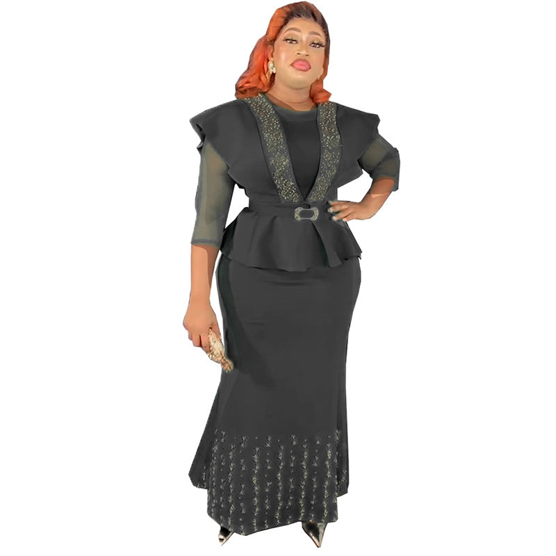 Special offer: african-style cinched waist top with beaded and rhinestone embellished solid color midi skirt - plus size european and american style dress