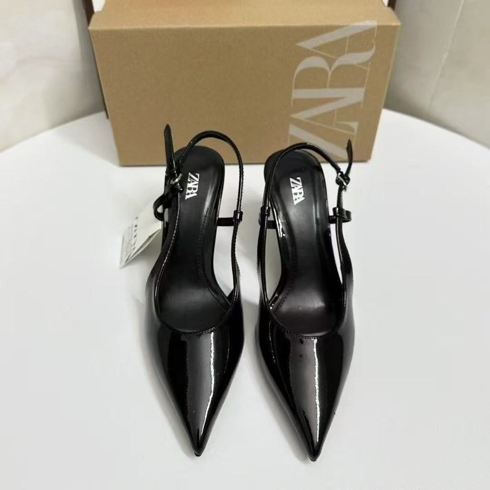 Za2025 spring new women's shoes red patent leather slingbacks pointed toe stiletto heels single shoes ankle strap mules