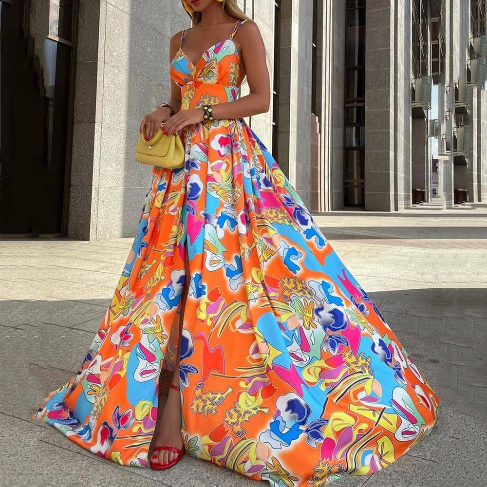 Y9284  cross-border summer new european and american women's chiffon printed dress - bohemian vacation style