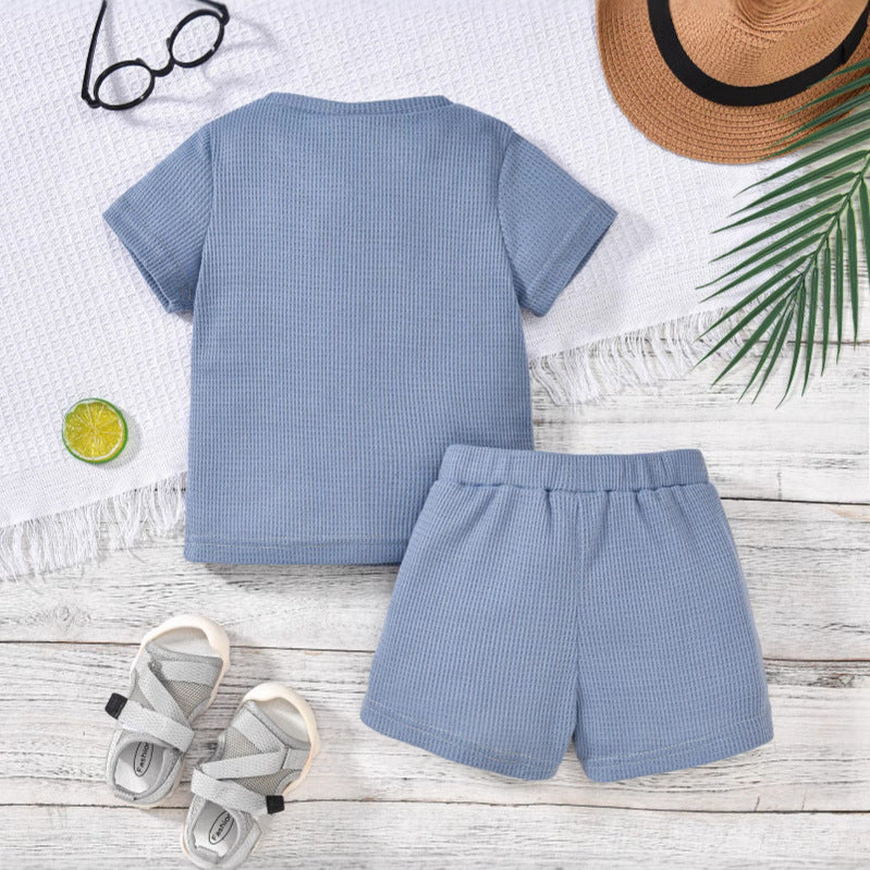 Baby boy & girl casual waffle knit pocket short sleeve top & shorts set
