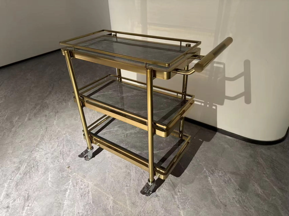 Heavy-duty square tube stainless steel serving cart - 3-tier multifunctional food delivery trolley for hotels - in stock