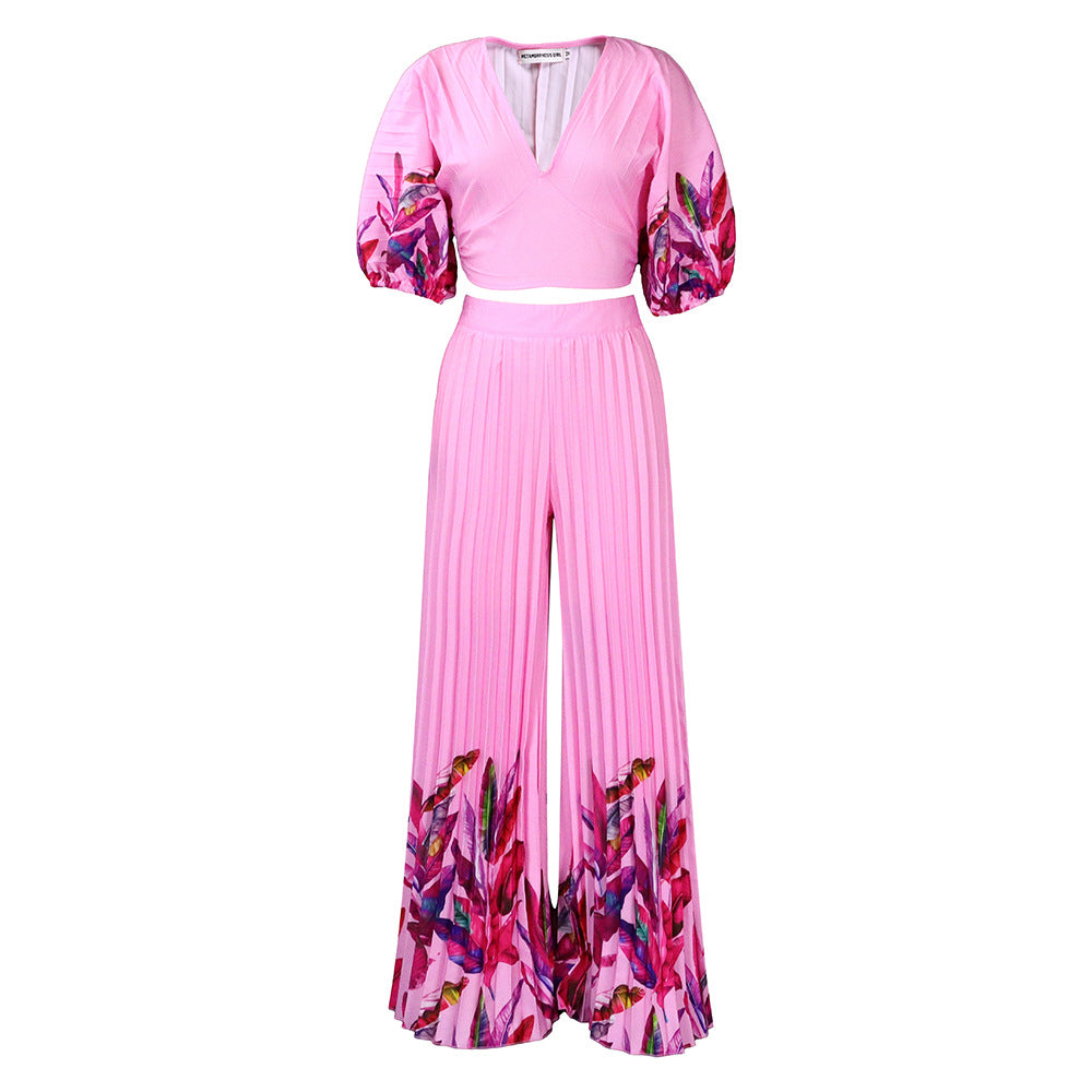 C8522 independent station european and american clothing summer new fashion v neck printing tops loose pants two-piece set export suit