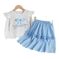 Girls' autumn skirt set for export: sky blue lace-trimmed skirt with round neck long-sleeve top and bow detail - two-piece outfit for children