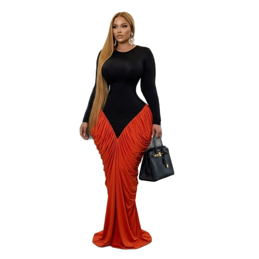 European and american cross-border women's fashion:  summer new arrival - elegant round neck, patchwork ruched bodycon long sleeve dress