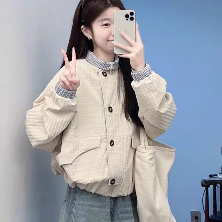 Retro loose contrasting coat women's 2025 early spring high-end niche design stand-up collar plaid short jacket top