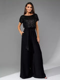 spring new arrival: cross-border  fashion - european & american style sequin bodysuit, trendy short-sleeve casual jumpsuit/pants