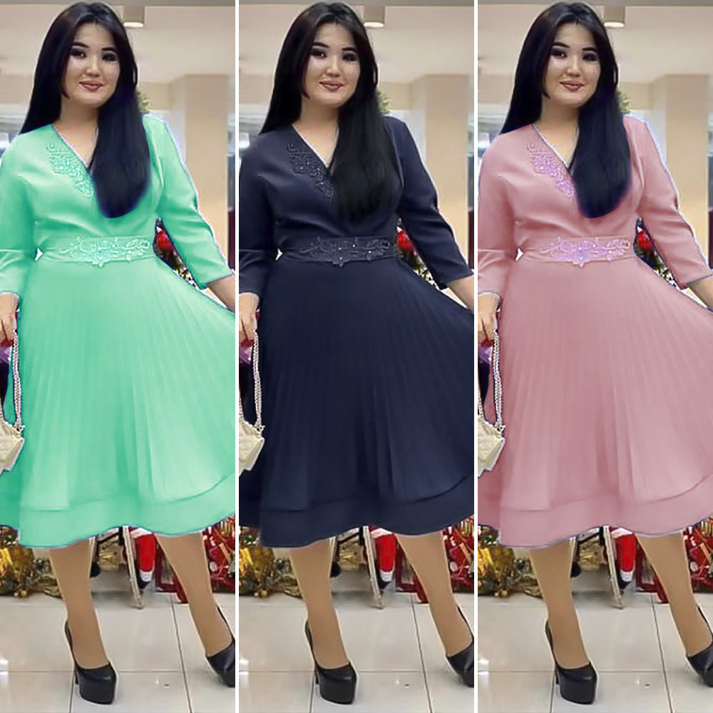 African women's clothing ebey   european and american foreign trade plus size new fresh sweet v-neck pleated skirt